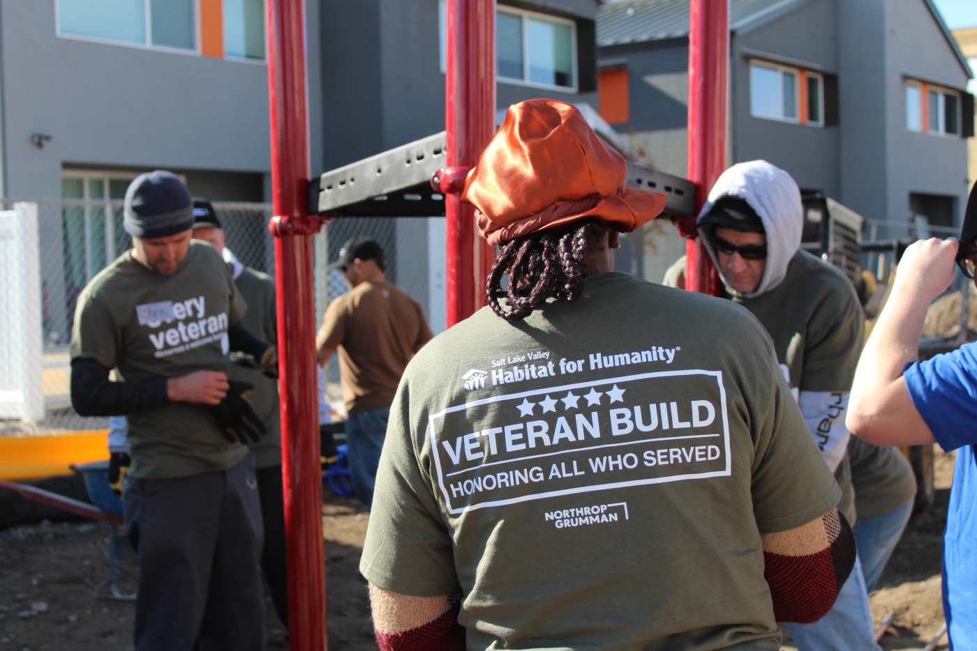 Picture of a group of veterans assembling a playground. 